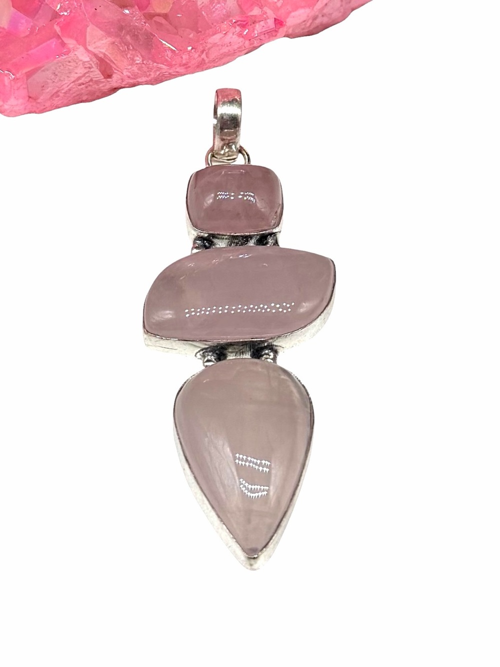 Rose Quartz Necklace Pendant 925 Sterling Silver Overlay